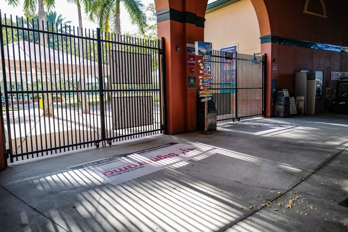 A general view of the closed gates at the stadium after the spring training game between the St. Louis Cardinals and the Miami Marlins at Roger Dean Chevrolet Stadium