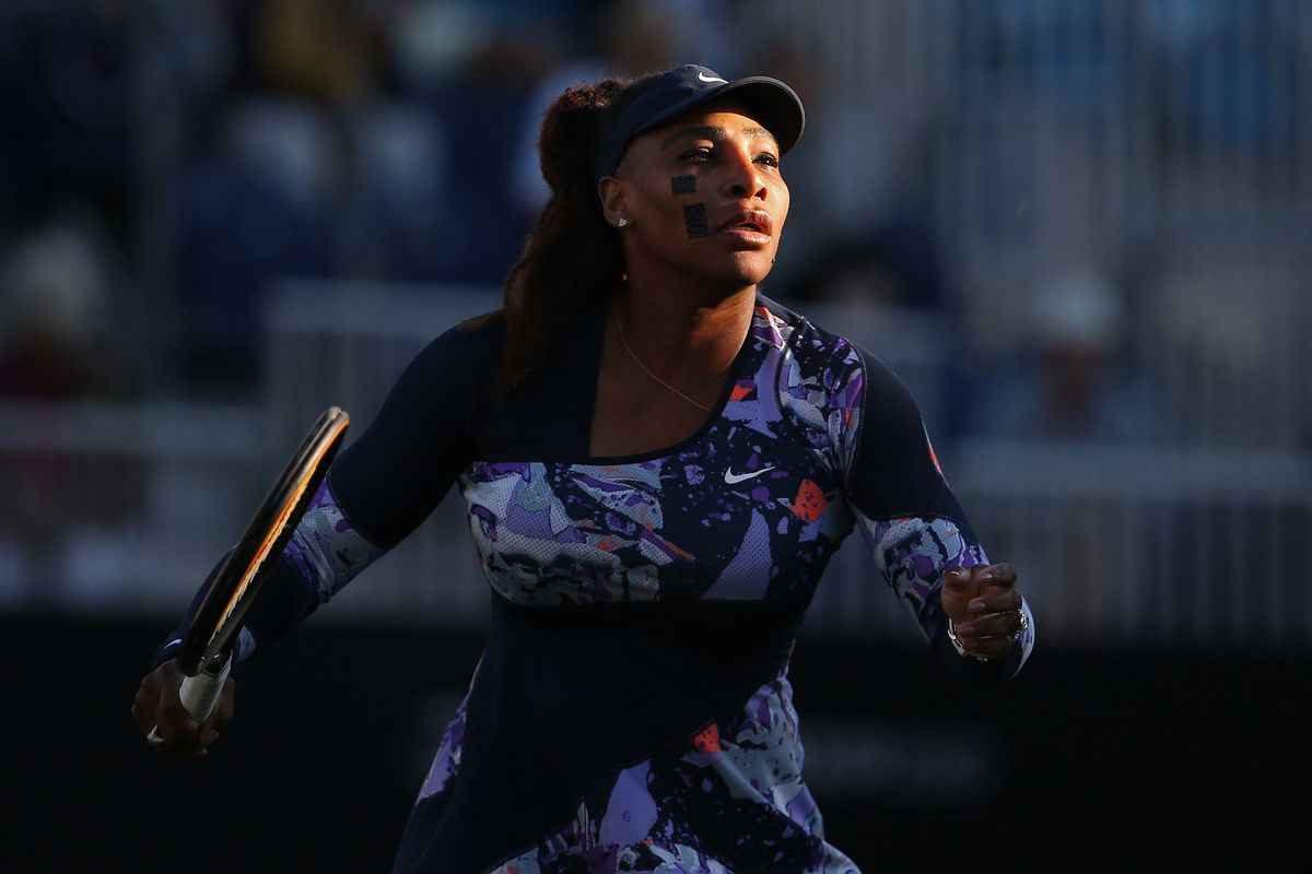 Serena Williams of the United States warms up prior to playing in the Womens doubles quarter final with Ons Jabeur of Tunisia against Shuko Aoyama of Japan and Hao-Ching Chan of Chinese Taipei on Day 5 at Devonshire Park on June 22, 2022 in Eastbourne, England.