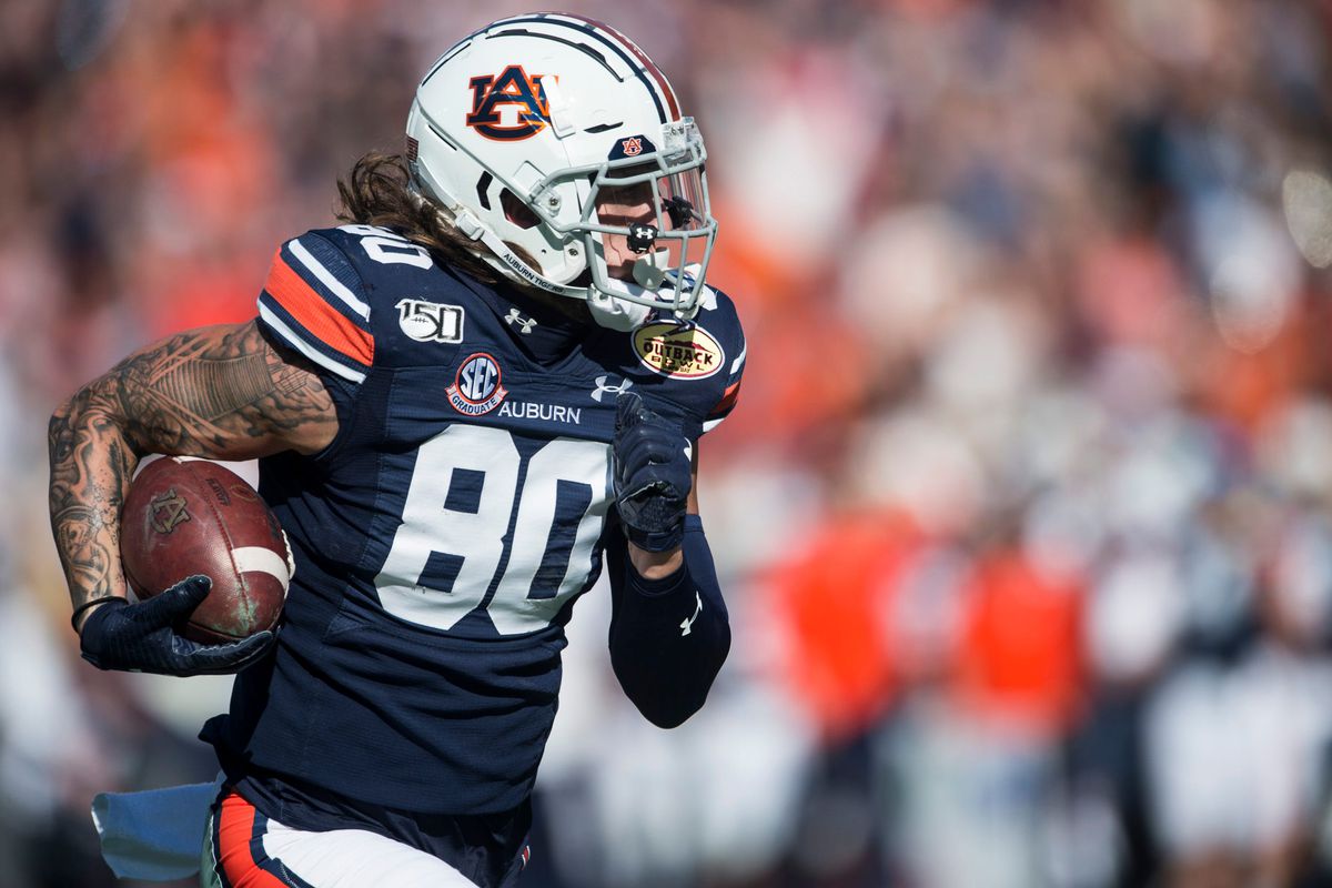 Auburn wide receiver Sal Cannella (80) runs in for a touchdown after a catch during the Outback Bowl at Raymond James Stadium in Tampa, Fla., on Wednesday, Jan. 1, 2020.