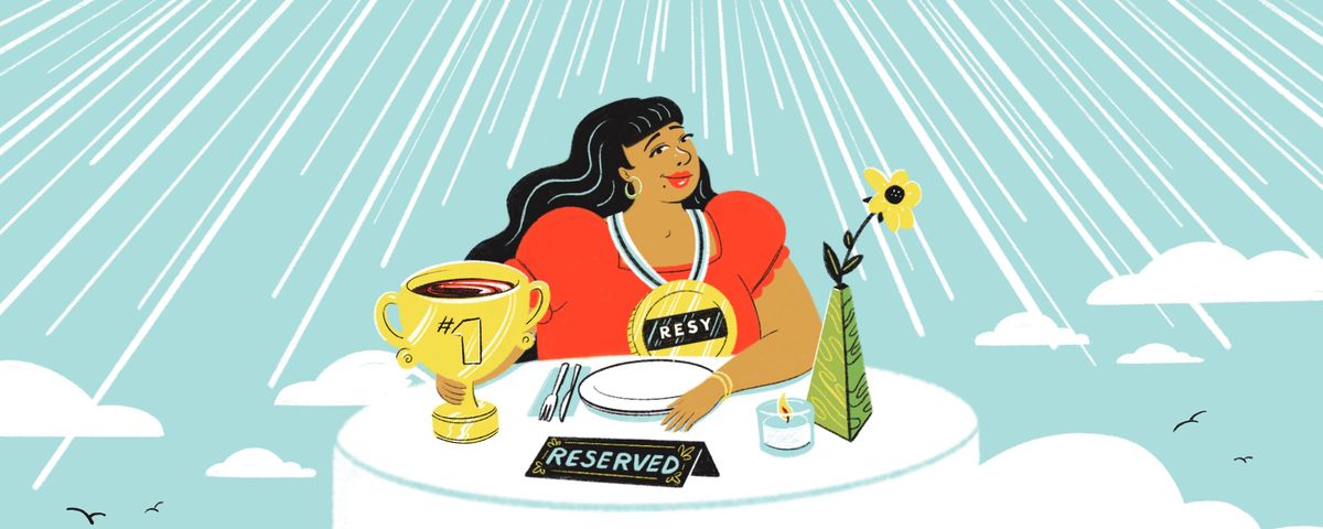 An illustration of a diner sitting at a table in the sky, with a medal around their neck with the word “Resy.”