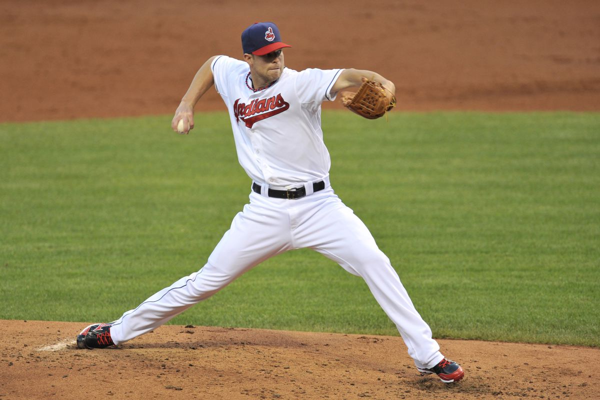 Aug 29, 2012; Cleveland, OH, USA; Cleveland Indians starting pitcher Corey Kluber (28) delivers in the third inning against the Oakland Athletics at Progressive Field. Mandatory Credit: David Richard-US PRESSWIRE
