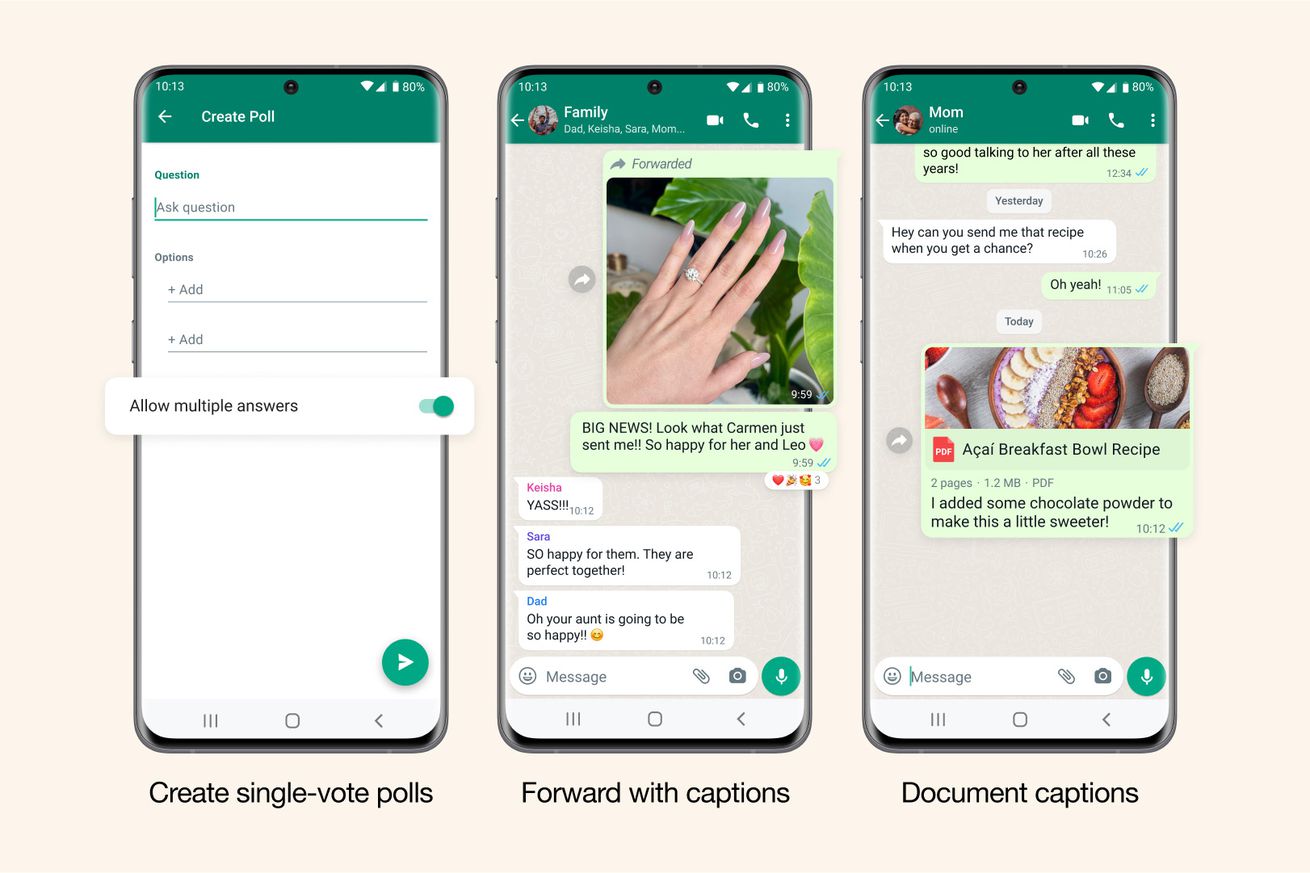Three WhatsApp screenshots showing polls, photo captions, and document captions.