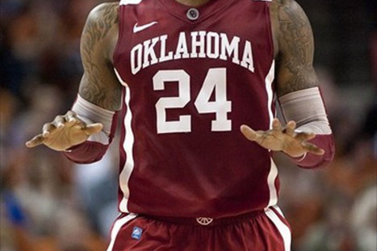 Feb 29 2012; Austin, TX, USA; Oklahoma Sooners forward Romero Osby (24) reacts against the Texas Longhorns during the first half at the Frank Erwin Special Events Center. Texas beat Oklahoma 72-64. Mandatory Credit: Brendan Maloney-US PRESSWIRE
