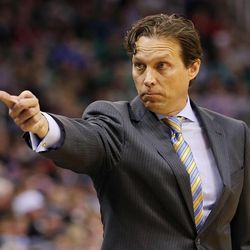 Utah Jazz head coach Quin Snyder calls a player from the bench as the Jazz and the Lakers play Wednesday, Feb. 25, 2015, at EnergySolutions Arena in Salt Lake City.