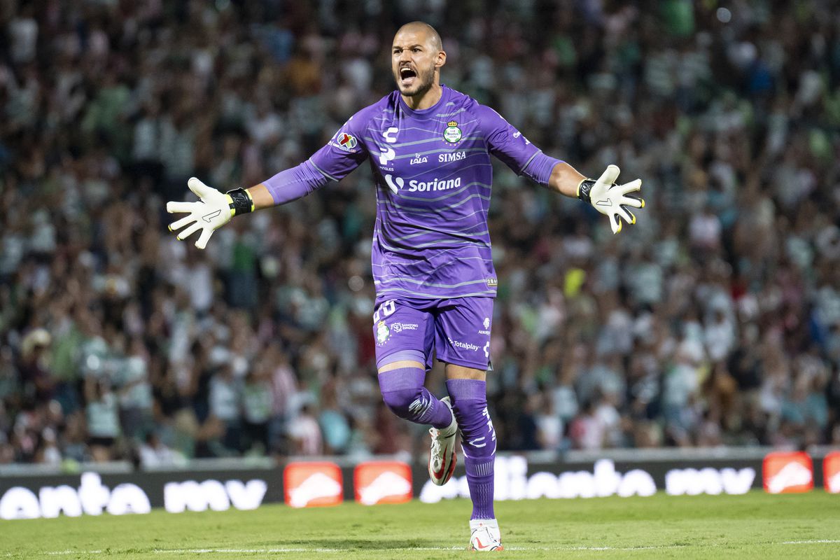 Gibran Lajud, goalkeeper of Santos, celebrates the team’s first goal during the 6th round match between Santos Laguna and Chivas as part of Torneo Apertura 2023 Liga MX at Corona Stadium on August 26, 2023 in Torreon, Mexico.