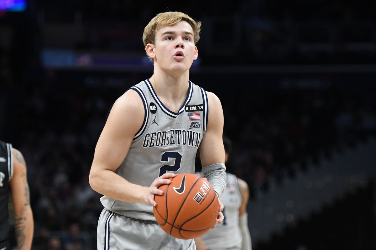 Mac McClung of the Georgetown Hoyas takes a foul shot during a college basketball game against the Georgetown Hoyas at the Capital One Arena on February 19, 2020 in Washington, DC.