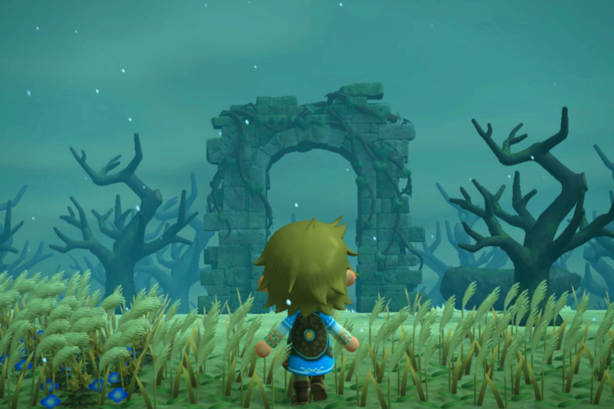 A recreation of Breath of the Wild’s Lost Forest in Animal Crossing: New Horizons. A villager dressed like Link stands in front of a gate to a haunted forest area.