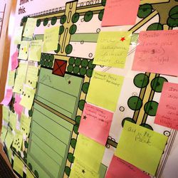 Post-it notes from community members with ideas for the park are on display as members of the Pioneer Park Urban Design Assistance Team gather Sunday, Feb. 8, 2015, for a brainstorming session for ideas of what could be done with the downtown park.
