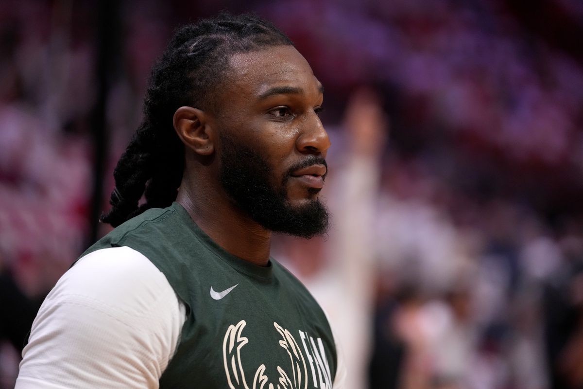 &nbsp;Jae Crowder #99 of the Milwaukee Bucks looks on during the game against the Miami Heat during Round One Game Three of the 2023 NBA Playoffs on April 22, 2023 at Kaseya Center in Miami, Florida. NOTE TO USER: User expressly acknowledges and agrees that, by downloading and or using this Photograph, user is consenting to the terms and conditions of the Getty Images License Agreement. Mandatory Copyright Notice: Copyright 2023 NBAE