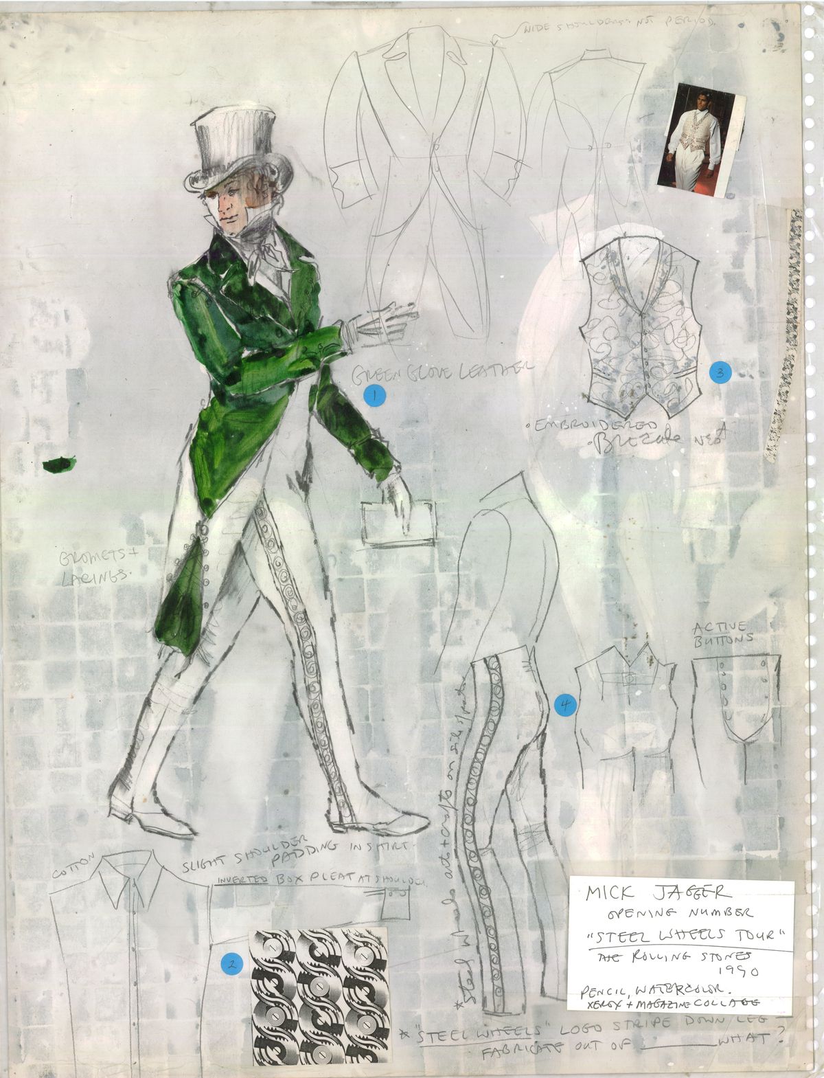 William Ivey Long’s sketch for Mick Jagger, Rolling Stones: Steel Wheels Tour.  The green leather jacket is inspired by the Great Britain’s Regency period (during the reign of King George III). The jacket features sleeves that tied onto the shoulder, with