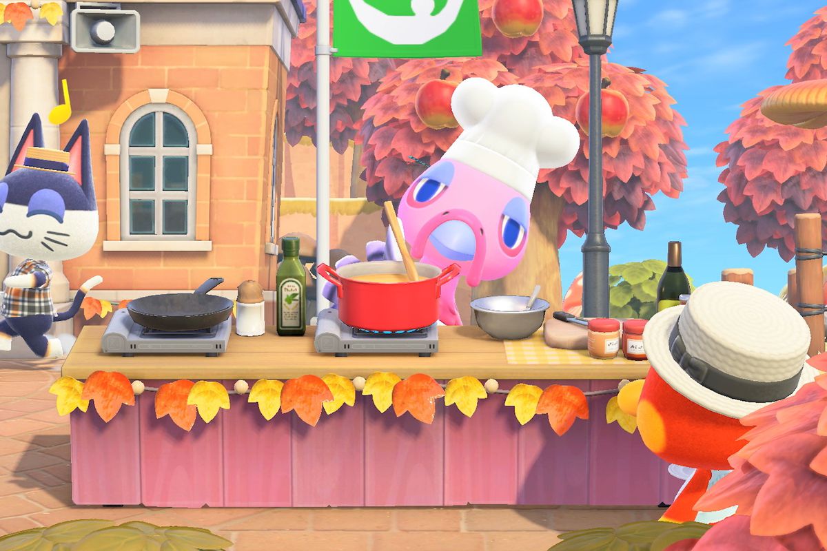 A turkey cooks a meal in a screenshot from Animal Crossing: New Horizons.