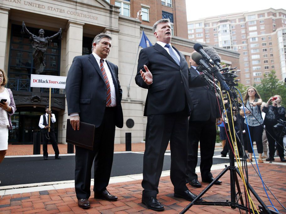 Attorney Kevin Downing addresses the media outside federal court after Paul Manafort, the longtime political operative who for months led Donald Trump’s winning presidential campaign, was found guilty of eight financial crimes in the first trial victory o