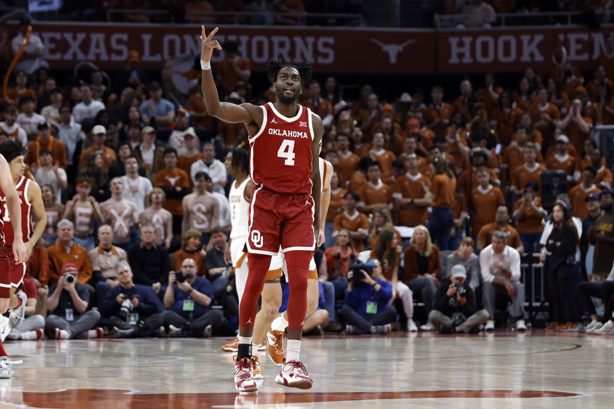 Oklahoma Sooners guard Joe Bamisile makes a shot against the Texas Longhorns during the game at the Moody Center in Austin, TX on February 18, 2023.  &nbsp;   
