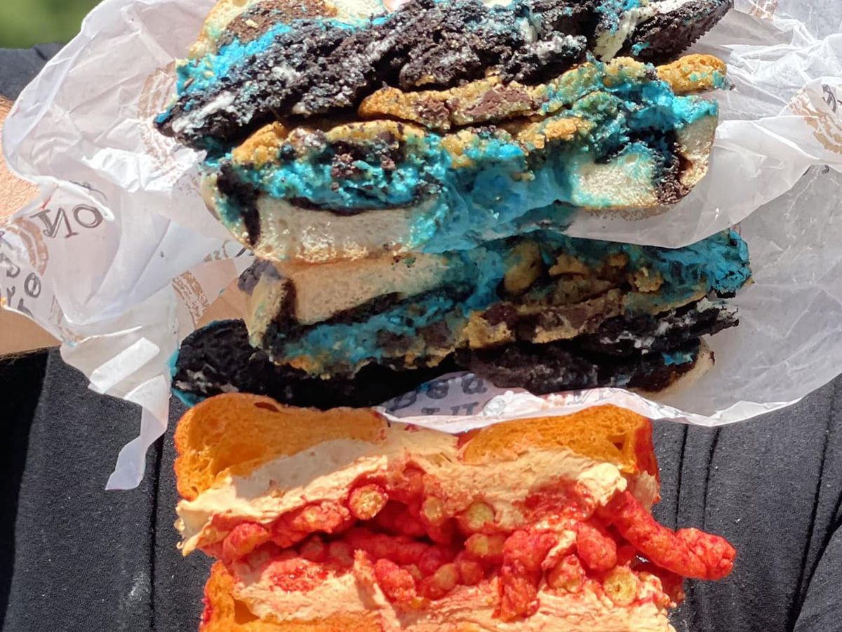 A bagel with Flaming Hot Cheetos and one with oreos