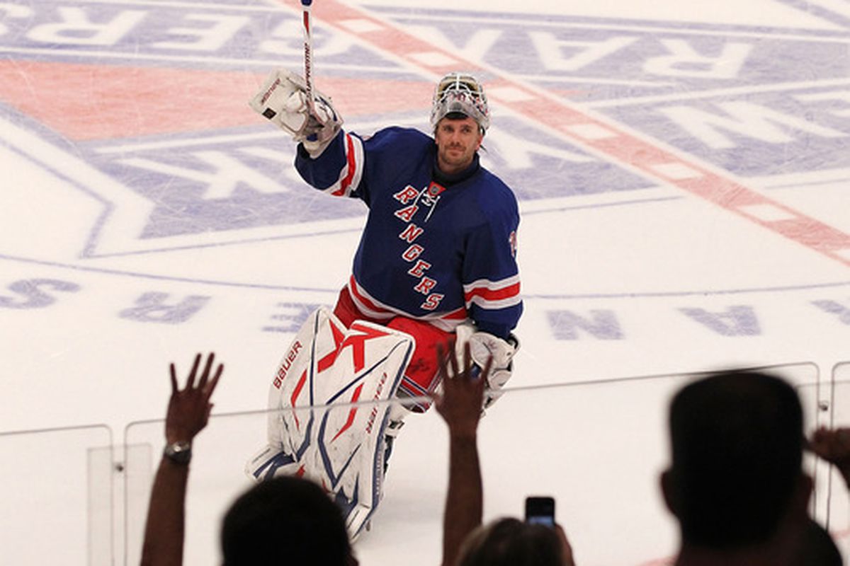 NEW YORK - APRIL 07: Goaltender Henrik Lundqvist #30 of the New York Rangers salutes the fans following a 5-1 defeat of the Toronto Maple Leafs at Madison Square Garden on April 7, 2010 in New York, New York. (Photo by Bruce Bennett/Getty Images)