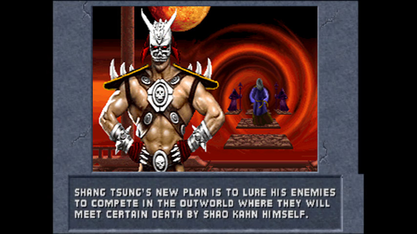 An unused attract-mode screen establishing the story of 1993’s Mortal Kombat 2; Shao Kahn, wearing a breast-plate and skull-like helmet, poses in front of an otherworldly portal through which mysterious wizard like figures can be seen