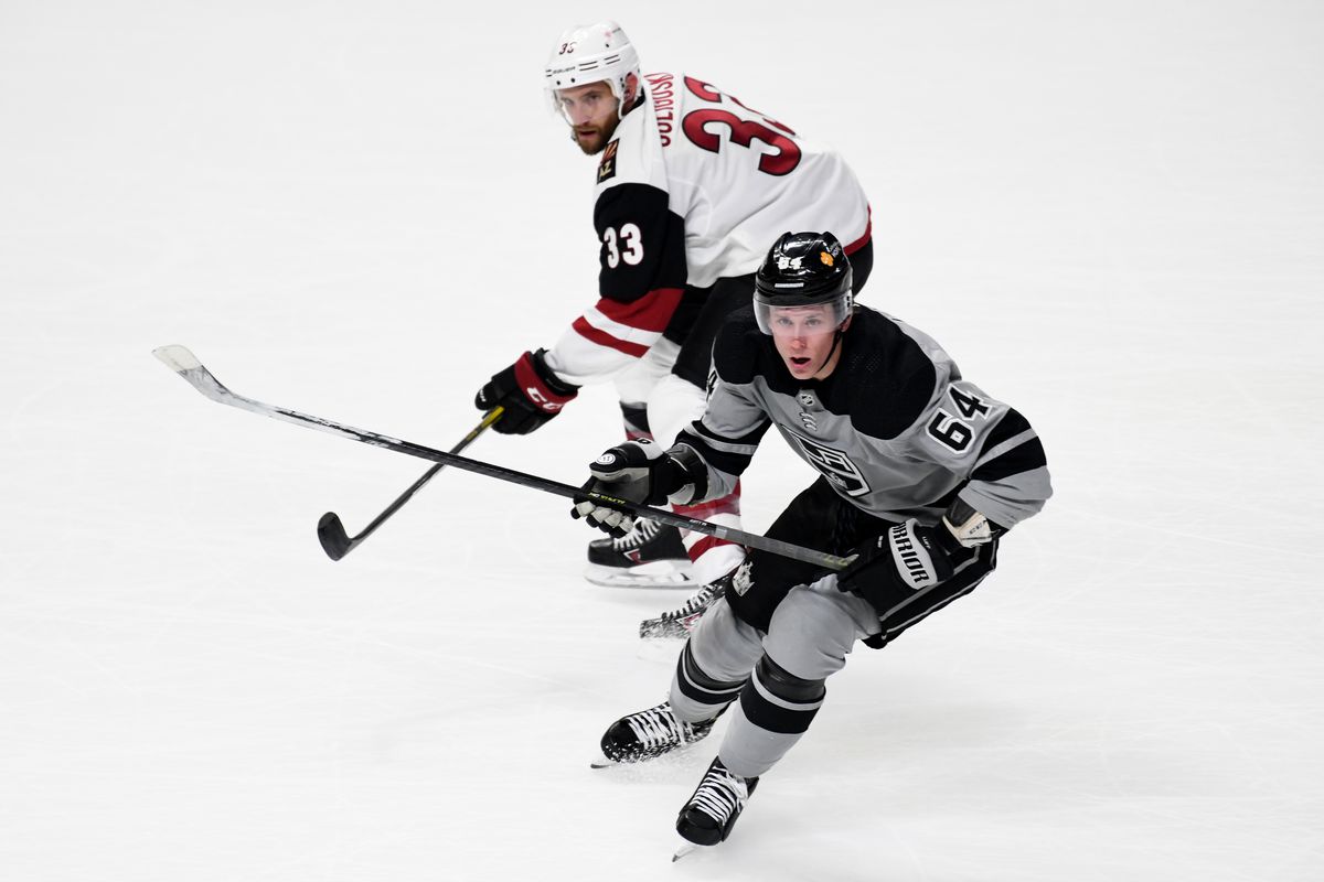 Los Angeles Kings Right Wing Matt Luff (64) and Arizona Coyotes Defenceman Alex Goligoski (33) watch play during NHL game between the Arizona Coyotes and the Los Angeles Kings on April 24, 2021, at the Staples Center in Los Angeles, CA.