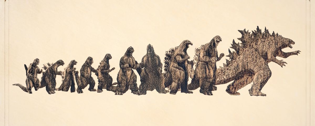 A lineup of Godzillas made to look like the “Evolution of Man” painting with Godzillas from 1954, 1962, 1964, 1974, 1984, 1989, 1991, 1993, 1994, and 2019