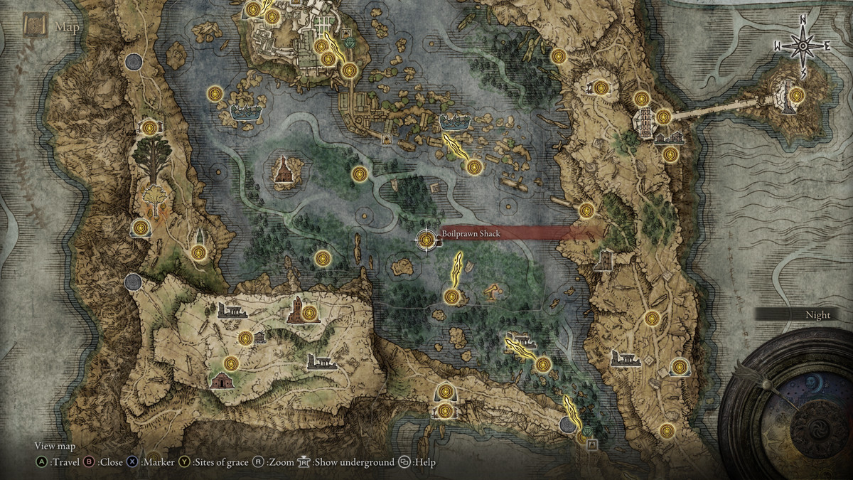 Elden Ring map showing the location of the Boilprawn Shack where you’ll find Blackguard Big Boggart.