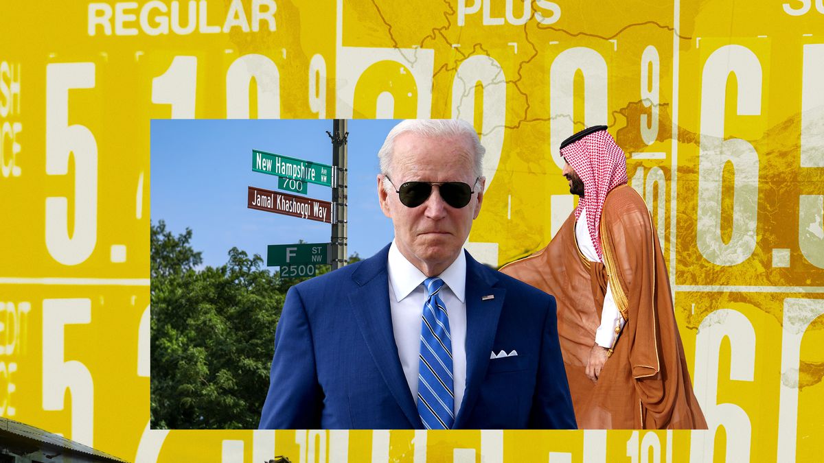 An illustration showing Biden and Mohammed bin Salman Al Saud, a street sign showing&nbsp;Jamal&nbsp;Khashoggi&nbsp;Way, and gas price signs in the background.