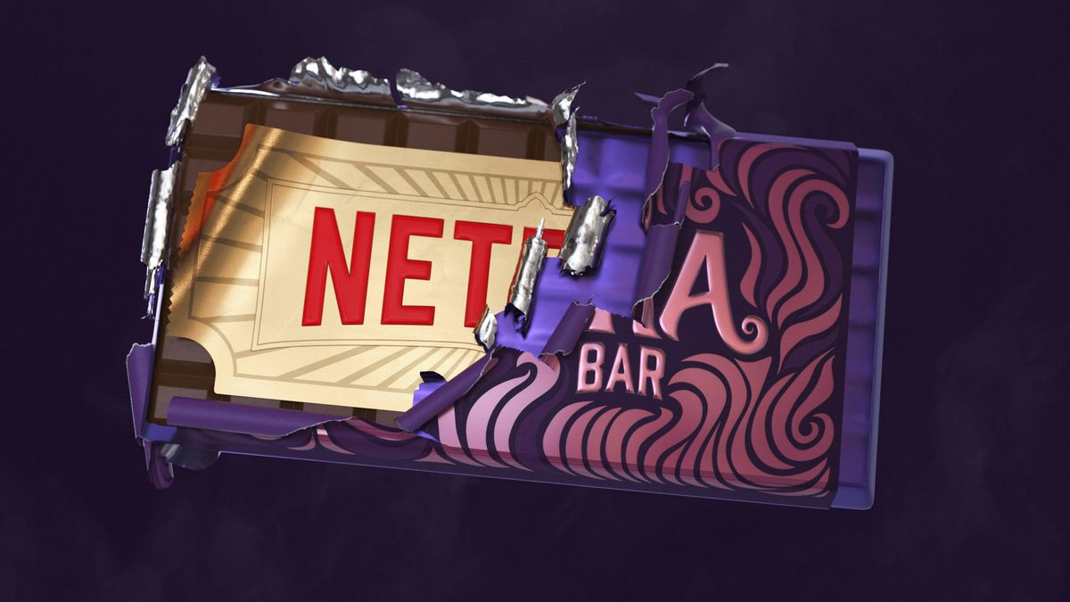 A Wonka candy bar reveals the Netflix logo in a press release image for the streaming service’s Roald Dahl deal