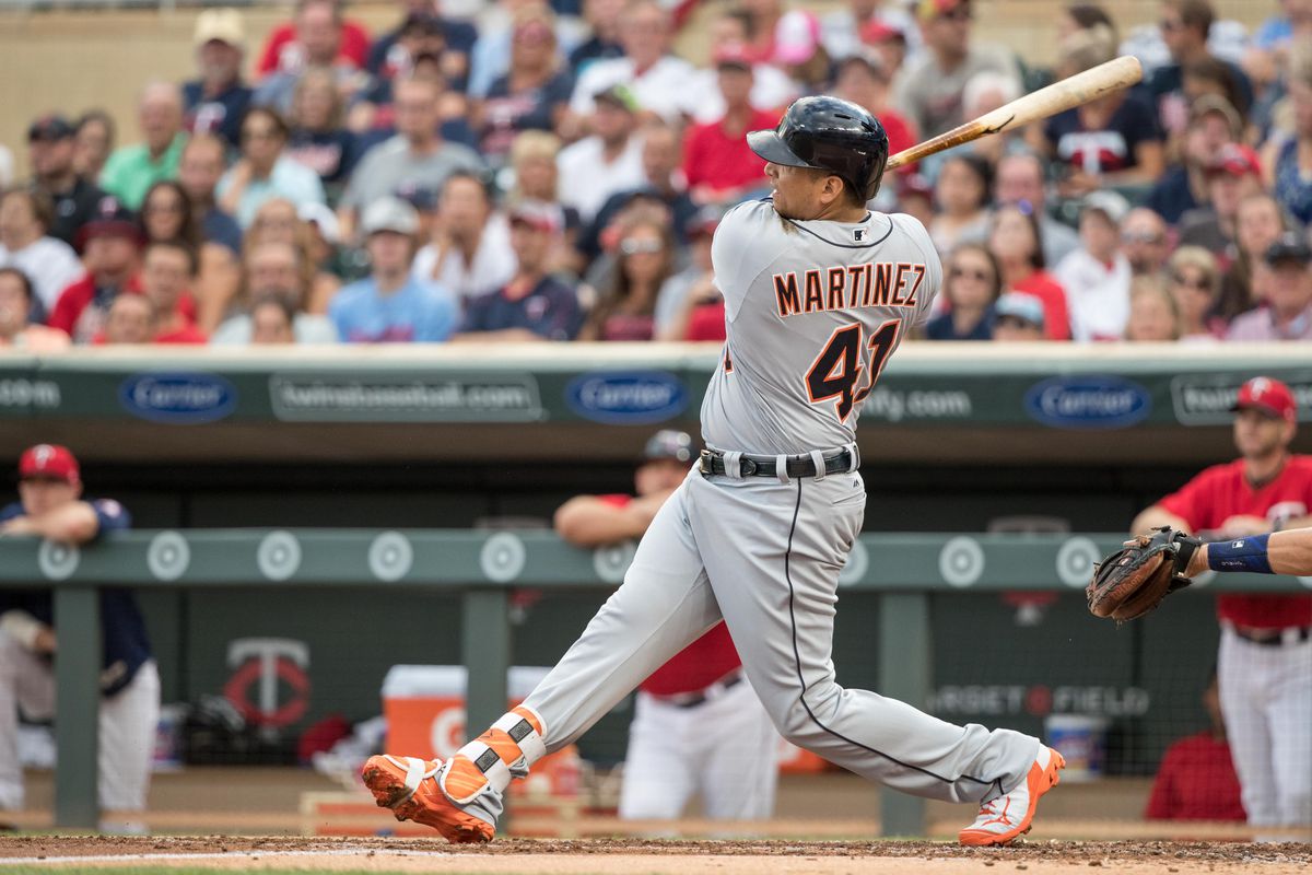 Victor Martinez in the follow through of his home run swing