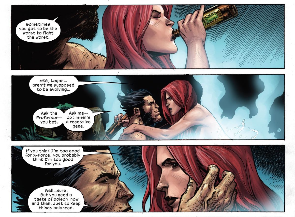 Wolverine and Jean Grey enjoy some naked hot tub intimacy and a beer in X-Force #10, Marvel Comics (2020). 