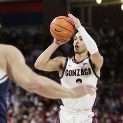 Gonzaga guard Andrew Nembhard shoots during the first half of an NCAA college basketball game against BYU, Thursday, Jan. 13, 2022, in Spokane, Wash. 