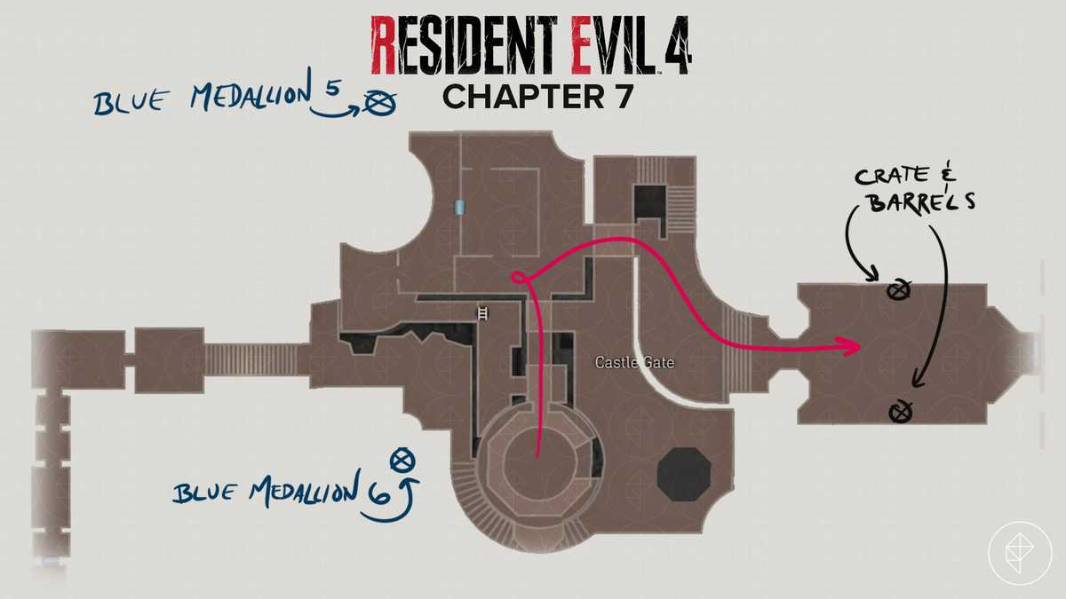 Resident Evil 4&nbsp;remake&nbsp;map of the Castle Gate with route and items