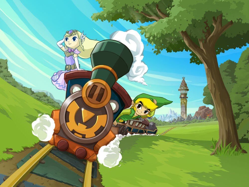 A young looking Link and Zelda ride a steam train through a grassy landscape with a tower in the background in Zelda: Spirit Tracks