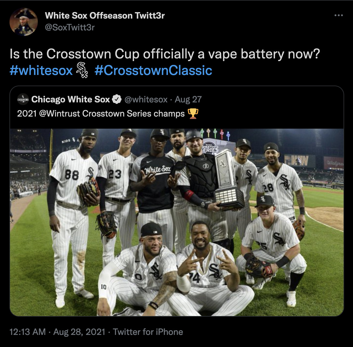 White Sox and Crosstown trophy which looks like a vape more than a trophy.