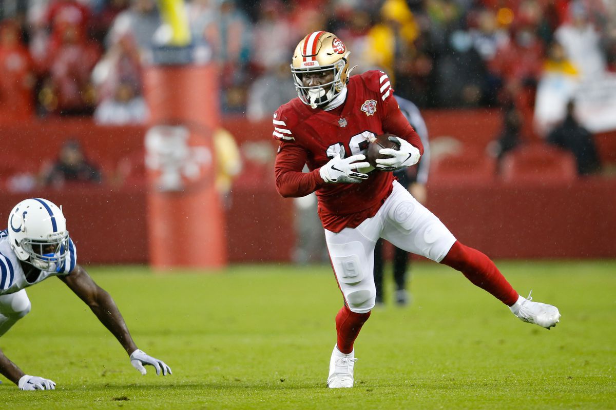 Deebo Samuel #19 of the San Francisco 49ers runs after making a catch during the game against the Indianapolis Colts at Levi’s Stadium on October 24, 2021 in Santa Clara, California. The Colts defeated the 49ers 30-18.