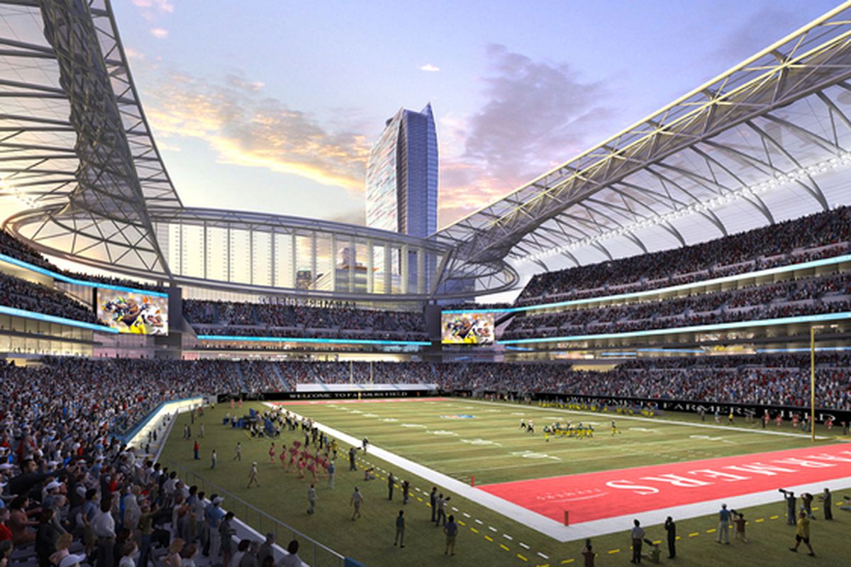 In this rendering released by AEG the proposed football stadium to house a NFL team in Los Angeles California "Farmers Field." 