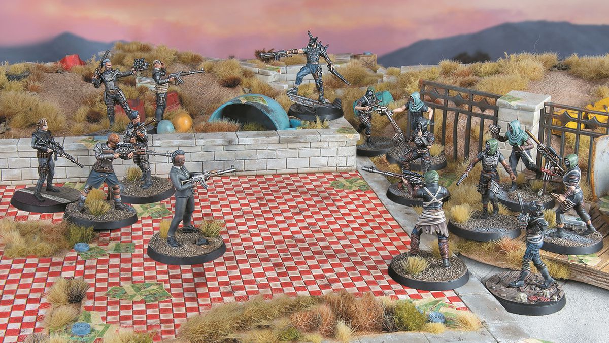 Two even larger groups of miniatures goes at it in the wasteland. There’s a large red-and-white tile courtyard underfoot, and loads of scrubgrass in the distance.