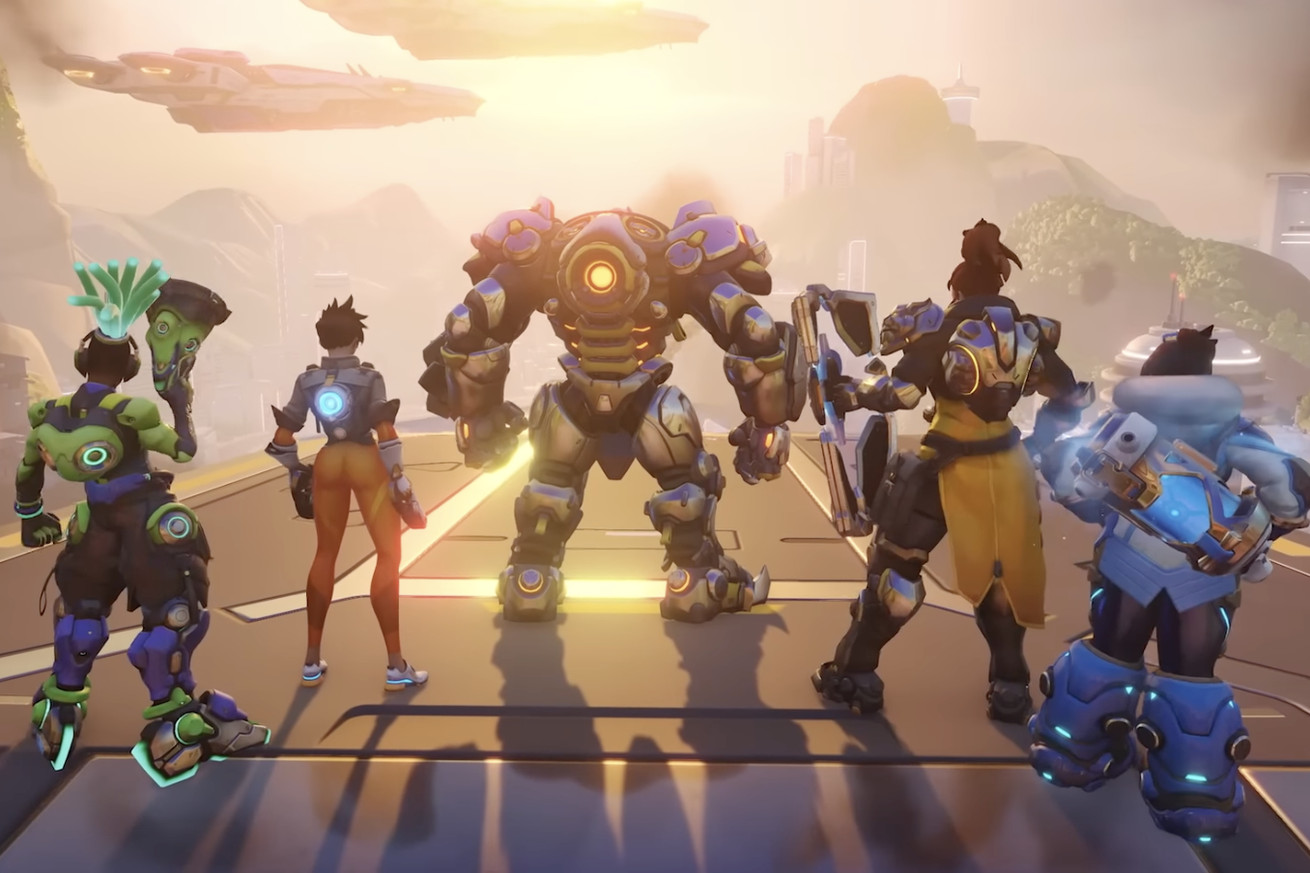 Screenshot from Overwatch 2 featuring behind-the-back shots of the game’s most popular heroes