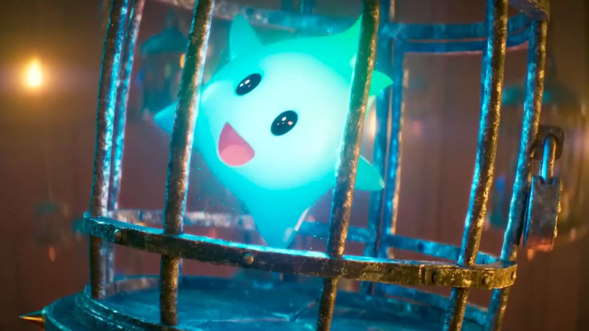 A Luma from Super Mario Galaxy bounces with glee while caged in Bowser’s castle dungeon in a still from The Super Mario Bros. Movie