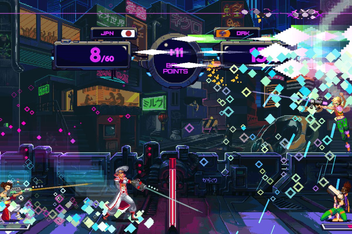 A match of Hyper Gunsport is filled with pixelated particle explosion effects
