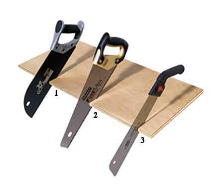 <p><strong>1) Plywood saw</strong><br><strong>Best For:</strong> Plywood and other sheet materials, including laminates, used for underlayment, sheathing, flooring, and the like. Not good for solid wood.<br> <br><strong>Shown:</strong> Saw with curved nose for starting cuts in the center of a board. Cuts on the push stroke.<br> <strong>2) Toolbox saw</strong><br><strong>Best For:</strong> General-purpose ripping and crosscutting of lumber, plywood, particleboard, and plastic.<br> <br><strong>Sho