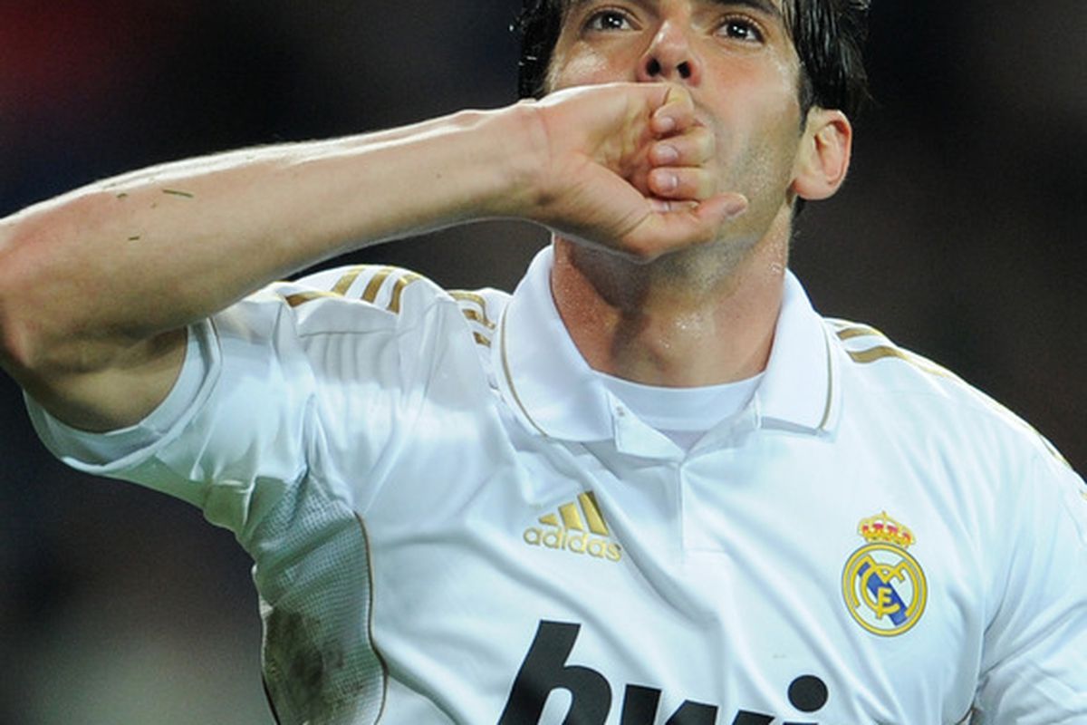 MADRID, SPAIN - MARCH 04:  Kaka of Real Madrid celebrates scoring during the la Liga match between Real Madrid and Espanyol at Estadio Santiago Bernabeu on March 4, 2012 in Madrid, Spain.  (Photo by Jasper Juinen/Getty Images)