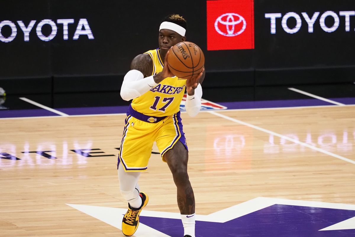 Los Angeles Lakers guard Dennis Schroder controls the ball against the Sacramento Kings during the first quarter at Golden 1 Center.&nbsp;