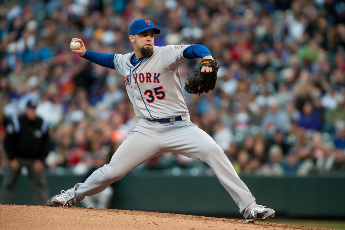 DENVER, CO - APRIL 28:  Starting pitcher Dillon Gee #35 of the New York Mets pitches in the third inning of a game against the Colorado Rockies at Coors Field on April 28, 2012 in Denver, Colorado.  (Photo by Dustin Bradford/Getty Images)