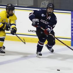 The UConn Huskies take on the Merrimack Warriors in a men's college hockey game at Lawler Rink in North Andover, MA on January 12, 2018.
