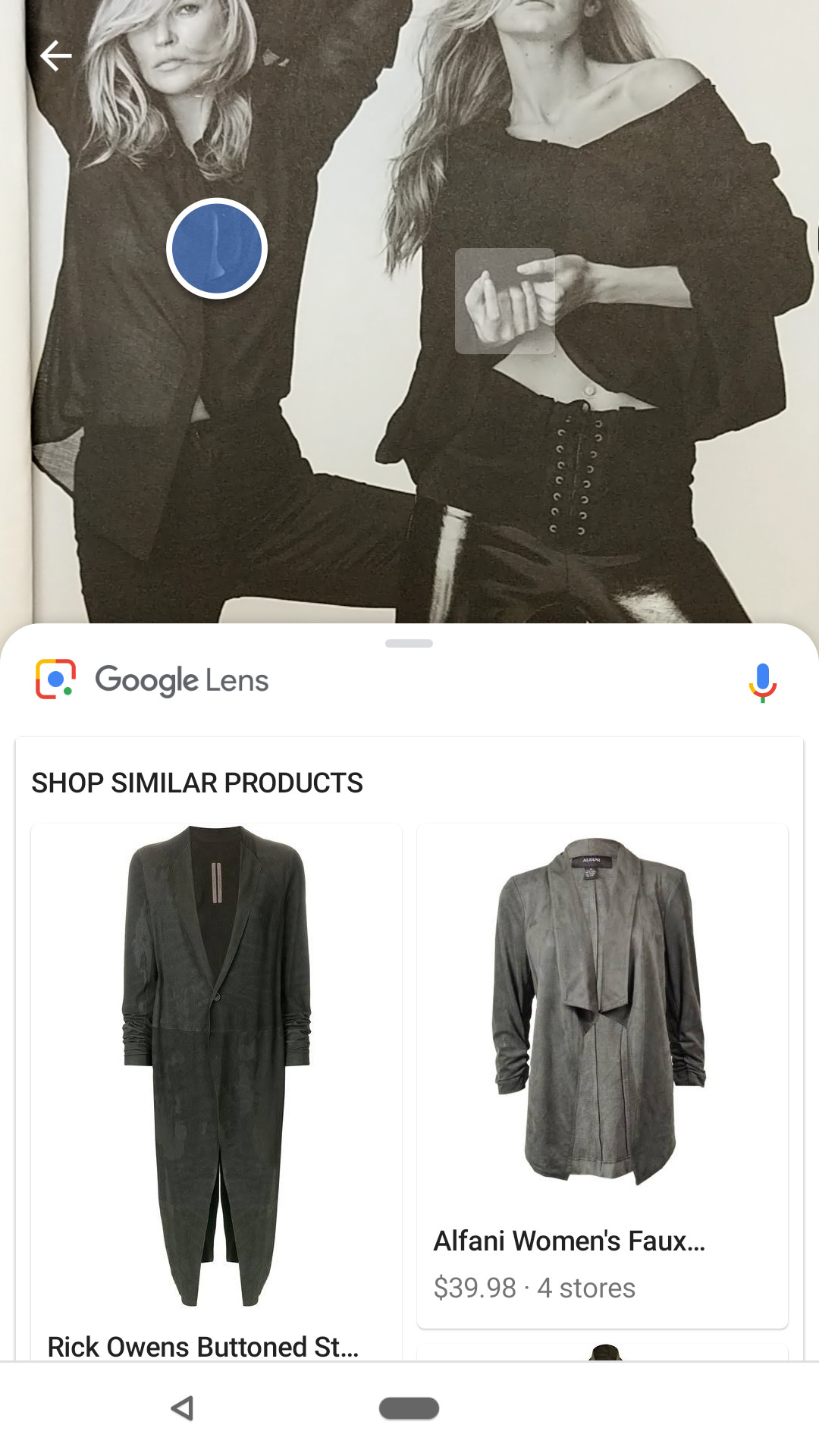 A screen cap of Google Lens’s matches for Kate Moss’s shirt.