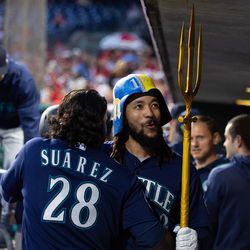 Seattle Mariners shortstop J.P. Crawford (3) celebrates in the dugout after hitting a grand slam home run during the second inning against the Philadelphia Phillies at Citizens Bank Park.