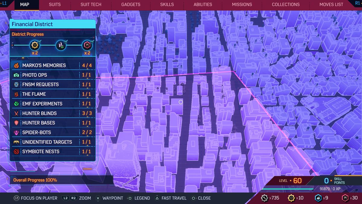 A map of the financial district in Spider Man 2 on PS5.