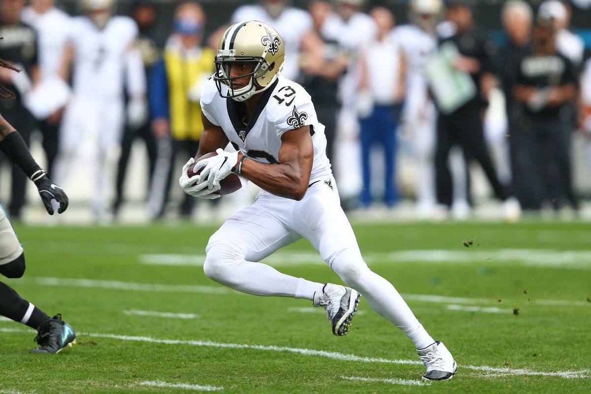 Saints wide receiver Michael Thomas runs after a reception in the first quarter against the Carolina Panthers at Bank of America Stadium.&nbsp;
