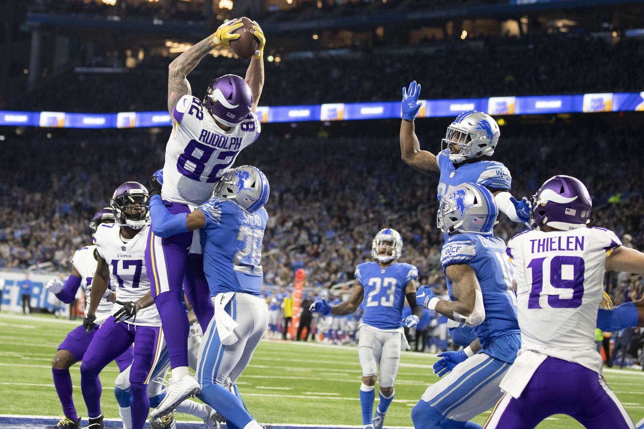 Minnesota Vikings tight end Kyle Rudolph (82) caught a Hail Mary touchdown against the Detroit Lions at Ford Field on Sunday December 23, 2018 in Detroit. (Jerry Holt/Star Tribune)