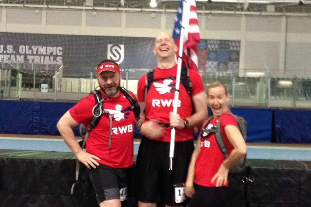 Team Red, White and Blue - Salt Lake City prepares to run the Utah Indoor Marathon at the Olympic Oval. From left to right: Tom Luoma, Jason Comstock and Amy Donaldson. 