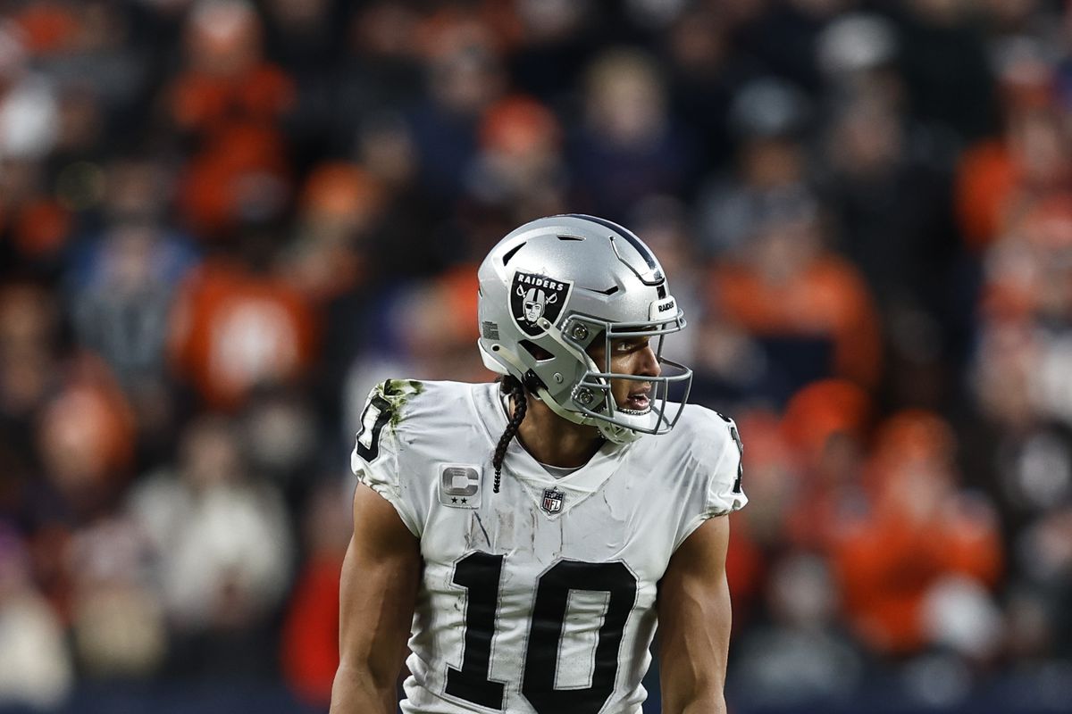 Mack Hollins #10 of the Las Vegas Raiders lines up during an NFL game between the Las Vegas Raiders and Denver Broncos at Empower Field At Mile High on November 20, 2022 in Denver, Colorado. The Las Vegas Raiders won in overtime