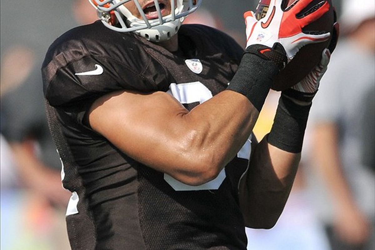 GIVE ME THAT BALL! Cleveland Browns TE Jordan Cameron continues to take advantage of increased reps, catching three touchdown passes during Wednesday's practice. Mandatory Credit: David Richard-US PRESSWIRE